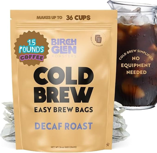Birch Glen Roasters Cold Brew Coffee Bags - 12 Pack of Coarse Ground Coffee Filter Pitcher Packs for Easy Brewing - 100% Arabica - Yields 6 Pitchers - Decaf