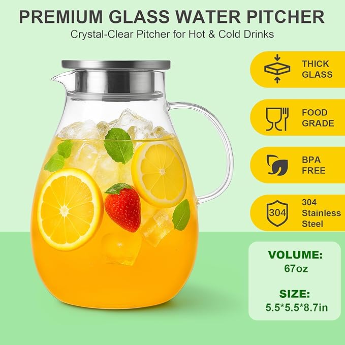 2L Large Glass Pitcher Water Jug with Lid – Hot and Cold Water Carafe for Tea Juice Fruit Infused Water, Perfect for Family Meals Parties