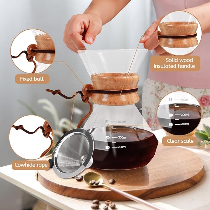 Pour Over Coffee Maker 400ml with 304 Stainless Steel Filter and Wooden Collar Holder Borosilicate Glass Drip Coffeemaker Server Set Clear Hand Brew Dripper Carafe for Home Camping Travel 13.5oz