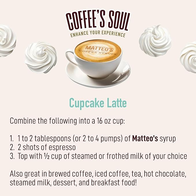 Matteo's Cupcake Syrup for Coffee, Lattes, Cappuccinos & Desserts – Sugar-Free Sweetener for Beverages, Keto Friendly, Zero Calories, Indulgent Flavor, Non-Alcoholic, Ideal for Hot Drinks 33.8oz (1pk)