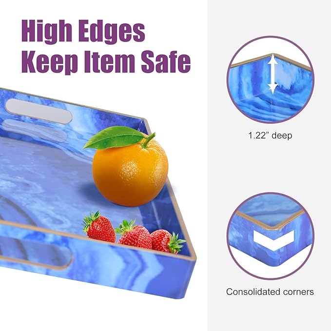 Gifturbo Blue Marble Serving Tray,Decorative Serving Trays with Handles,Coffee Table Tray Ottoman Rectangular Plastic Trays with Gold Rim for Living Room, Bathroom,15.7 x 10.2 x1.37 inches