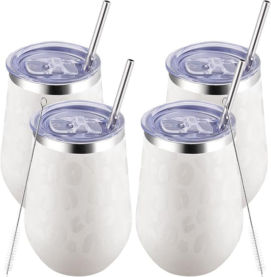 MEWAY 12oz Insulated Wine Tumbler Bulk, Double Wall Vacuum Stainless Steel Travel Tumbler with Straw,Travel wine tumbler, 4 pack of wine tumbler glasses(Almond Leopard,Set of 4)