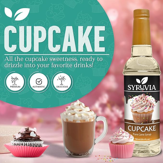 Syruvia Coffee Syrup, Cupcake Flavored Syrup for Drinks, Lattes, and Desserts – 25.4 fl oz,