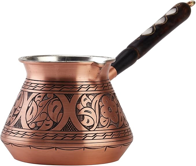 DEMMEX 15 Oz Thickest Copper Turkish Greek Arabic Coffee Pot, Stovetop Coffee Maker, Cezve Ibrik Briki with Wooden Handle & Spoon, Hand Engraved (Matte Copper, 6 Servings)