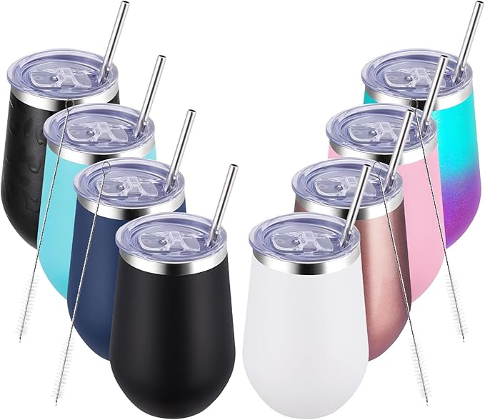 MEWAY 12oz Stainless Steel Wine Tumbler with Lid - Double Wall Vacuum Insulated Swig cups for Hot and Cold Drinks, Ideal for Coffee, Wine, Beer, gifts for Women under 10 dollars(Mix,Set of 8)