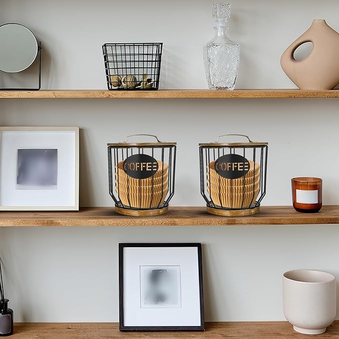 Coffee Filter Holder with Lid, Vintage Metal Coffee Bar Accessories, Coffees Filter Holders for Counter Storage Basket (Black)