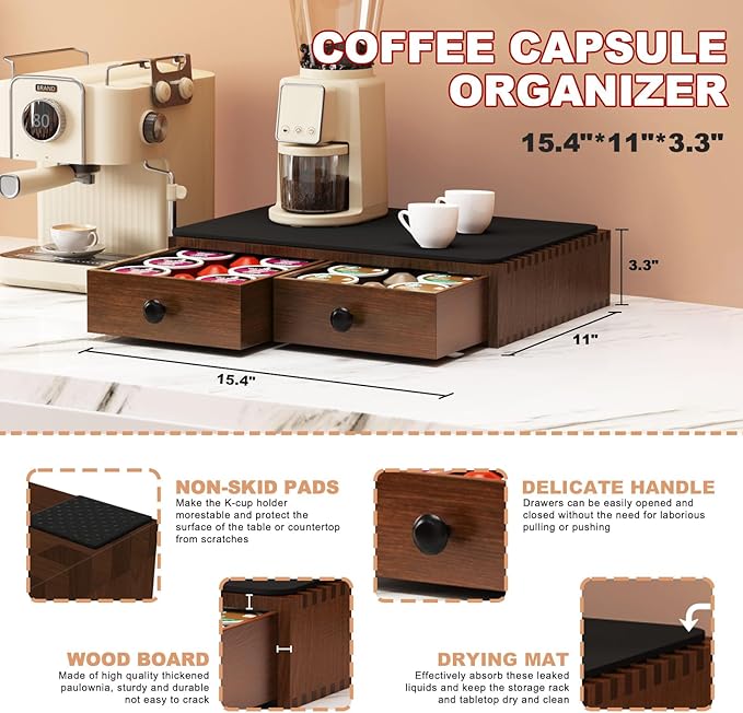 K Cup Holder, Wooden K Cup Organizer Box for Counter, Tea and Coffee Pod Storage Drawer Coffee Maker Stand, 30 Pod Capacity, Walnut Black