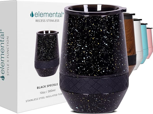 Elemental Recess Wine Tumbler - Triple Wall Insulated Stainless Steel Coffee Mug for Hot & Cold Drinks - Portable Cup with Shatterproof Sip Lid for Camping, Outdoor & Travel - 10oz - Black Speckle