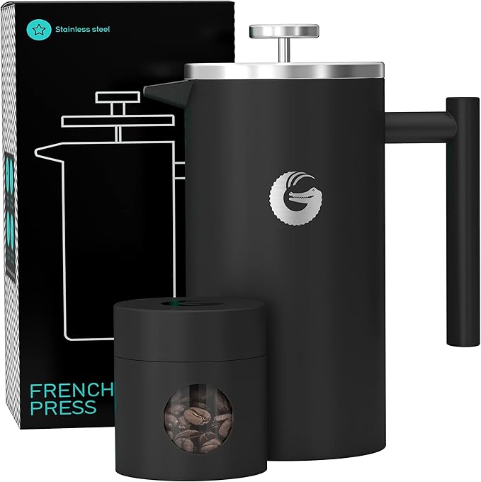 Coffee Gator 304 Grade Stainless Steel French Press Coffee Maker 34 oz, Double Wall Insulated Hot Cold Brew Teapot with 4-Level Filtration System, Include Travel Jar Canister, Rust-Free, Travel, Black
