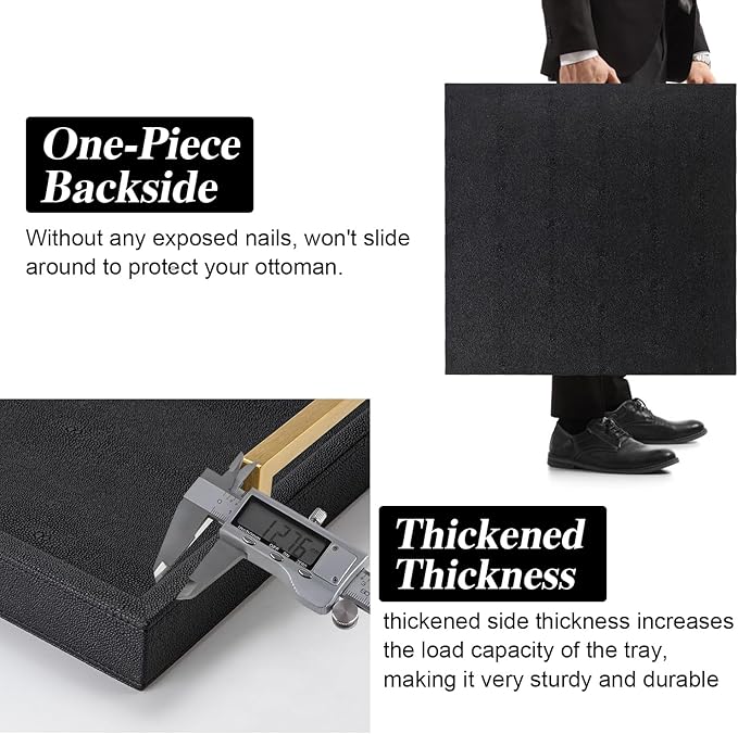 Extra Black Large Serving Tray with Handles for Ottoman,Versatile Shagreen Leather Square Ottoman Tray for Living Room