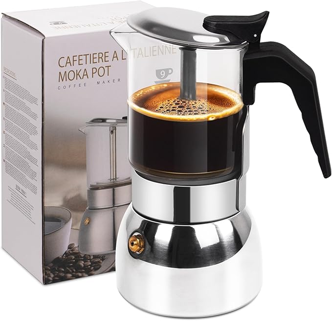 9 Cup Glass Clear Moka Pot Thickened 304 Stainless Steel Stovetop Espresso Maker Italian Coffee Machine 450ml 15oz Classic Mocha Cafe Greca Coffee Suitable for Gas Induction