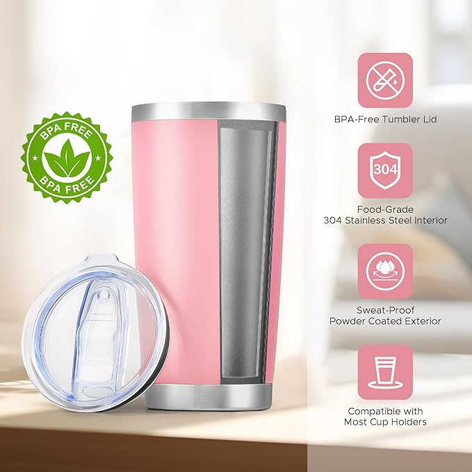 OMTech 20oz Tumblers Bulk, 12pc Stainless Steel Tumbler Set with Lid & Straw, Double Wall Vacuum Insulated Mug for Laser Engraver, Travel Coffee Mug for Hot & Cold Drinks, Pink Powder Coated Cup