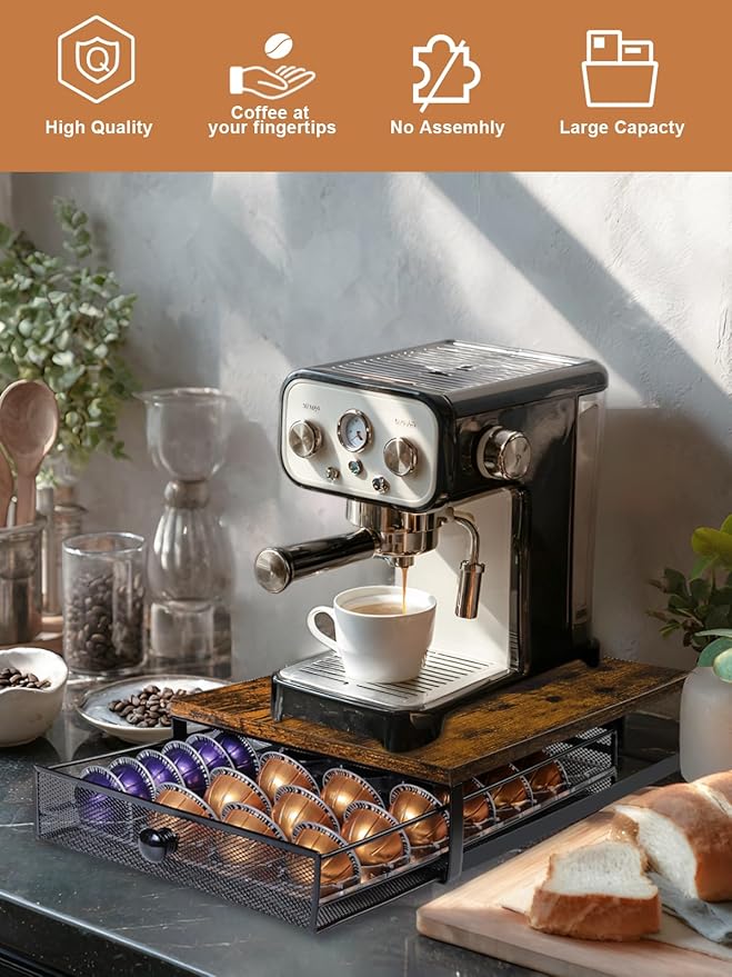 Coffee Pod Holder Drawer Organizer Vertuo Capsules Storage Organizer with Sliding Drawer Compatible For Nespresso Vertuo Pods, Holds up to 54 Small or 28 Big Vertuo Pods Rustic Brown