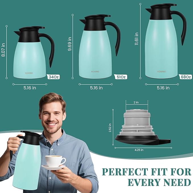 68 Oz Thermal Coffee Carafe, Stainless Steel Insulated Vacuum coffee crafts to keep coffee hot, 2 Liter Tea Water Coffee and Beverage Dispenser (Blue)