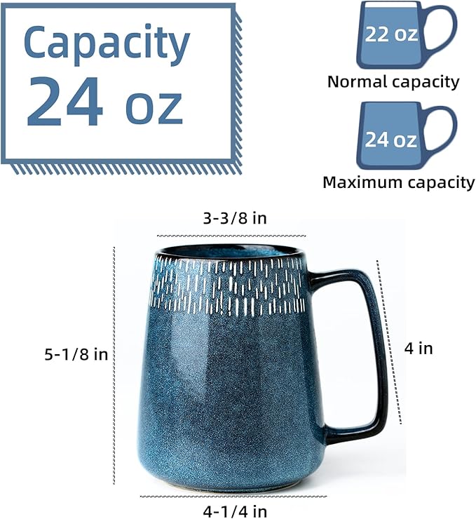 24 oz Large Ceramic Coffee mugs, Extra Large Tea and Coffee Cups, Large Handle Design, Big Coffee Mug for Office and Home, Microwave and Diahwasher Safe. (24 oz star blue)