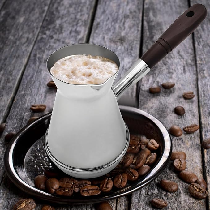 Generic 350 Ml Ibrik Turkish Coffee Pot, 13.80 In Stainless Steel With Heat-Resistant Wooden Handle, Ideal For Coffee Making