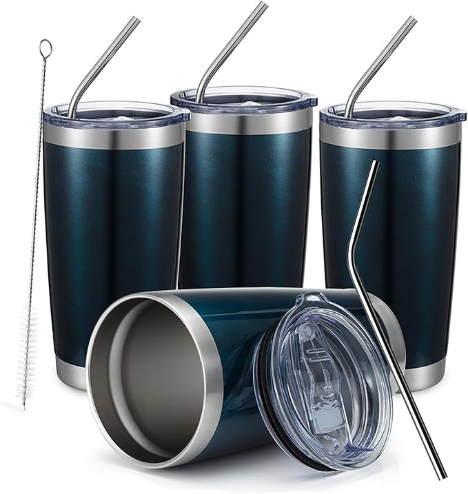 COMOOO 20oz Double Wall Vacuum Insulated Travel Mug, Stainless Steel Tumbler with Lid and Straw Durable Powder Coated Insulated Coffee Cup for Cold & Hot Drinks (Peacock blue, 4)