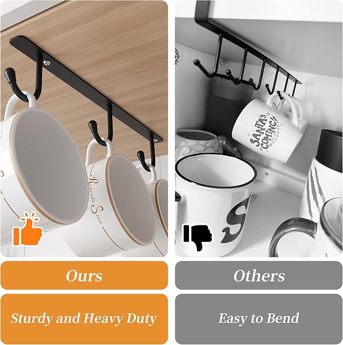 ECROCY Coffee Mug Holder Under Cabinet, Easy Screw Mounting, 3 Pack Mug Rack with Wide Hook Spacing, Sturdy Mug Hooks Space-Saving