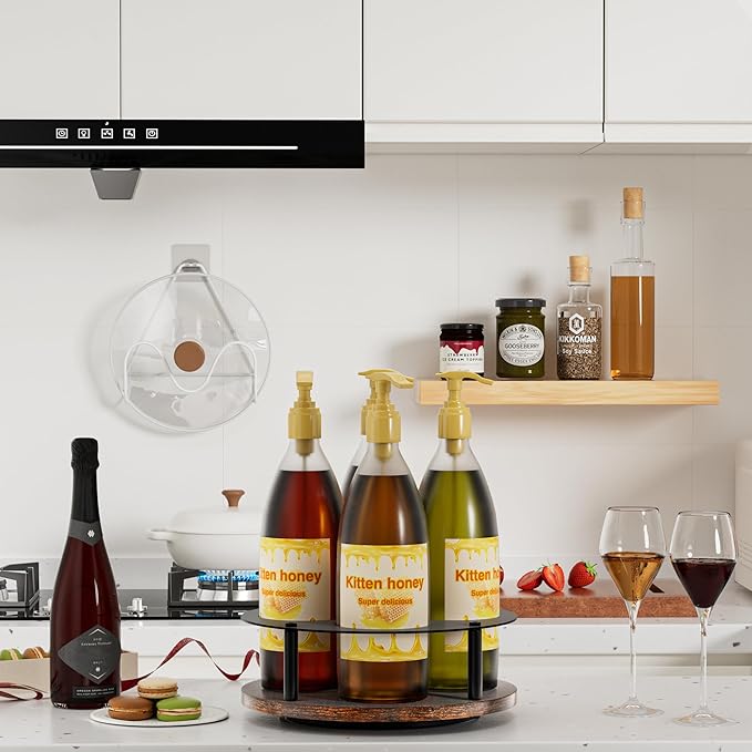 Invech Rotating Coffee Syrup Rack, Wood Syrup Holder for Countertop & Coffee Bar, 4 Bottles Turntable Wine Display Tray for Bar