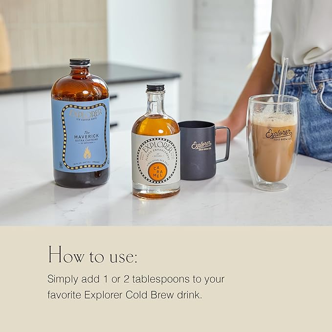Explorer Cold Brew Decaf Coffee Concentrate & Caramel Syrup Bundle, Gluten Free Instant Liquid Mix, Drink Iced or Hot