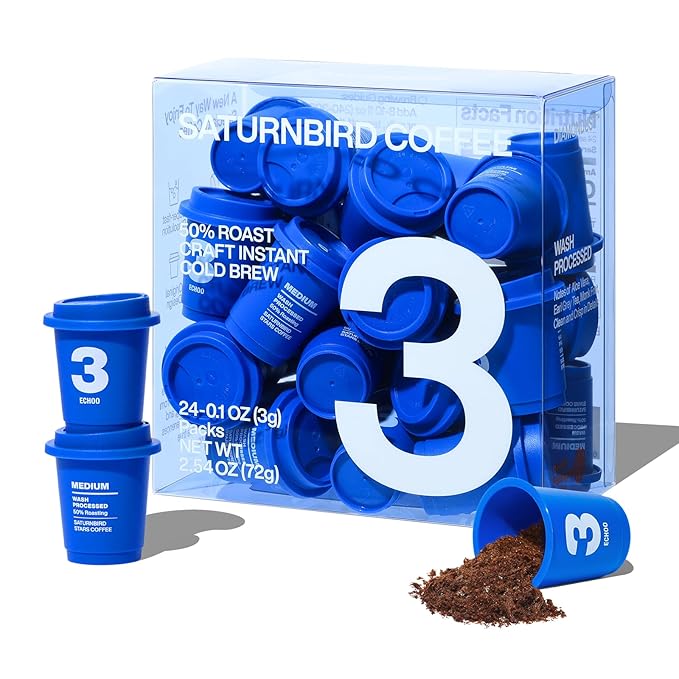 SATURNBIRD Coffee Instant Cold Brew, Medium Roast, Smooth & Clean Blend of 100% Specialty Arabica, Enjoy Hot or Cold, Freeze Dried Iced Coffee, 24 Single Servings for Home, Travel, Office (NO.3)