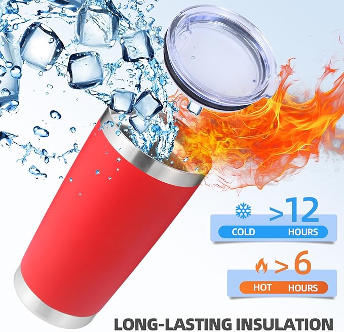 Volhoply 20oz Stainless Steel Tumbler with Lid and Straw Bulk 8 Pack,Double Wall Insulated Travel Iced Coffee Mug Fits Cup holder,Powder Coated Cups for Hot/Cold Drinks,Christmas Gifts（Red,8 Set）