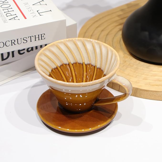 Handmade Ceramic Pour Over Coffee Dripper with 50 Pcs V60 Coffee Filters - Portable Drip Coffee Brewer for Travel, Camping, Office or Home - Artisanal Pottery Gift for Enthusiasts
