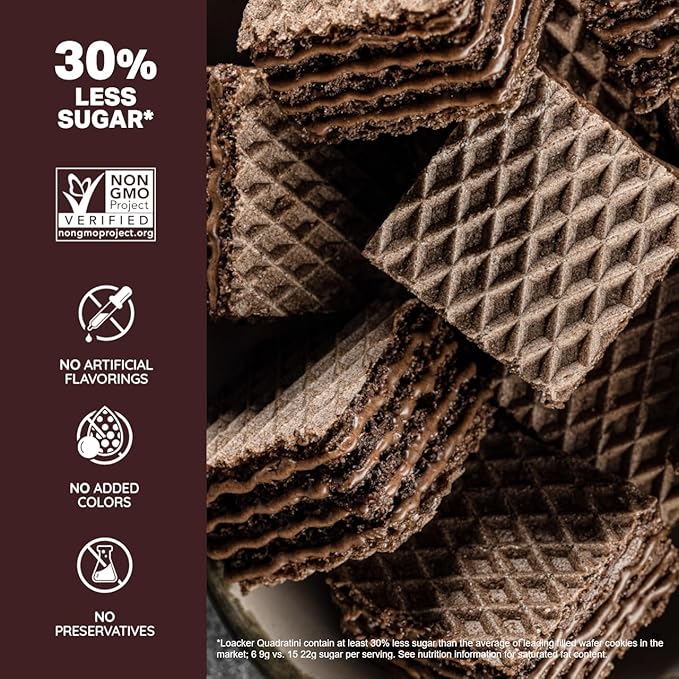 Loacker Quadratini Double Choc Wafer Cookies LARGE - 30% Less Sugar - Premium Crispy Bite Size Cocoa Wafers - NON-GMO - LARGE Pack of 6