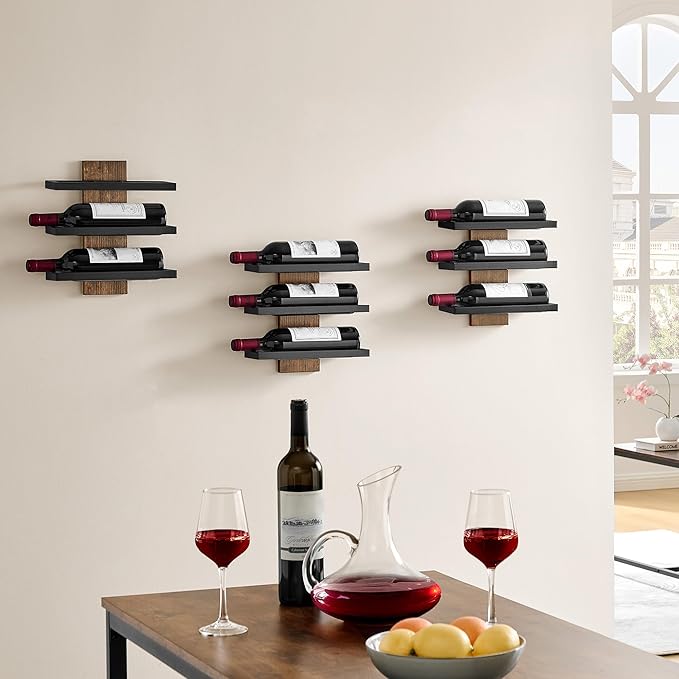 Hoctieon 3 Tier Wall Mount Wine Rack Set (9 Bottles), Wall Mounted Wine Bottle Rack for Display and Storage, Hanging Bottle Holder, for Living Room, Dining Room,Bar,Wine Cellar,Rustic Brown