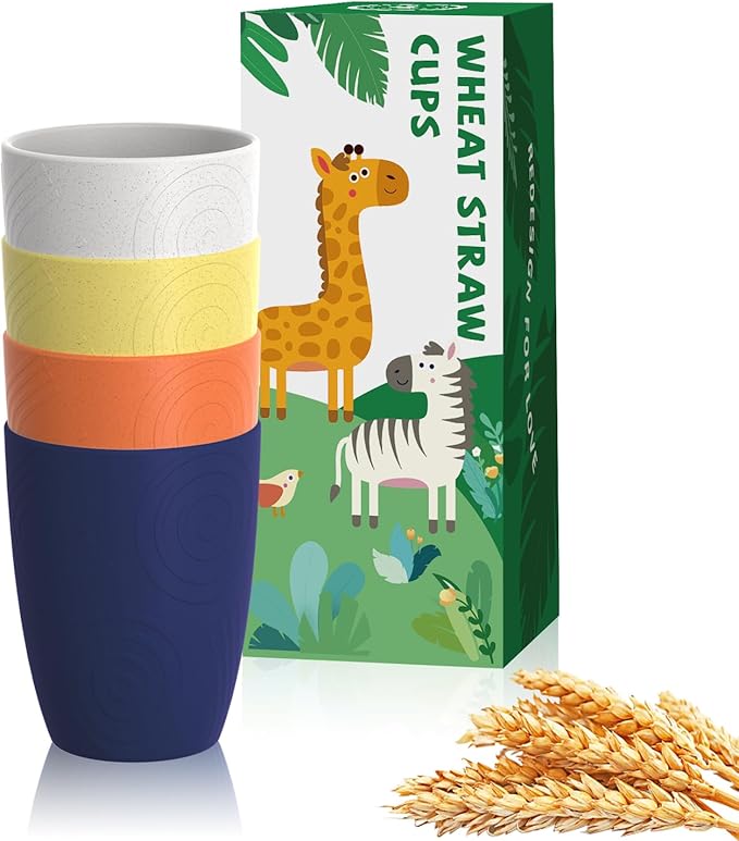 Homienly Wheat Straw Drinking Set of 4, Alternatives to Plastic, Reusable for Kitchen, Kids, Unbreakable Glasses 12 OZ, Dishwasher and Microwave Safe - Mondrian Colors