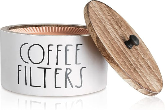 Wooden Coffee Filter Holder With Lid - Rustic Storage Container and Dispenser Basket for Coffee Bar Decor, Farmhouse Accessories - White