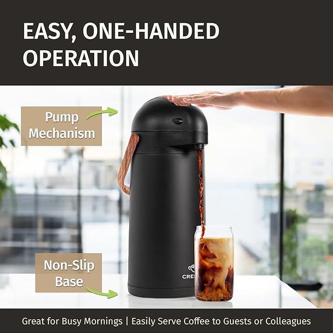 Thermal Coffee Carafe 102Oz w/Wood Trim, Keeps Coffee Hot for 12Hrs & Cold for 36Hrs-Premium Stainless Steel Carafe for Hot Liquids, Easy One-Handed Dispensing for Office, Home, Party, Durable Airpot