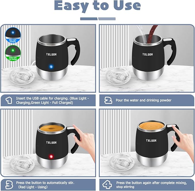 Self Stirring Mug, Rechargeable Automatic Magnetic Stirring Coffee Mug with Transparent Lid, Waterproof Stainless Steel Electric Mixing Cup, Can Stir Milk/Coffee/Cocoa Powder, Suitable for Office/Home