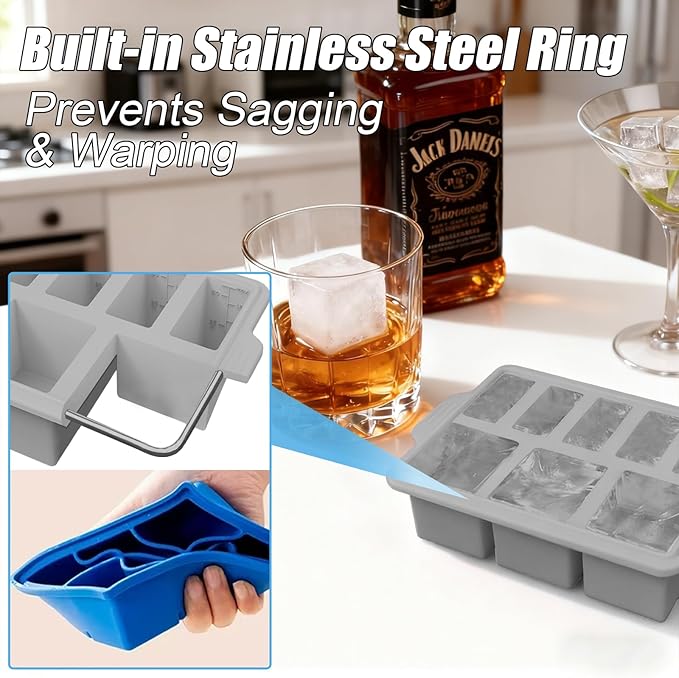 Silicone Ice Cube Tray with Lid 8-Cavity Reinforced Steel Frame Ice Cube Trays Easy Release BPA-Free Makes 3 Large Square & 5 Small Rectangular Ice Trays for Cocktails Whiskey Coffee,Pink