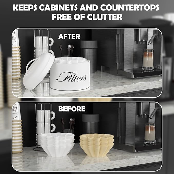 Coffee Filter Holder, White Basket Coffee Filter Storage with Lid, Round Coffee Filter Container for Counter, Rustic Farmhouse Coffee Bar Accessories Decor (White)