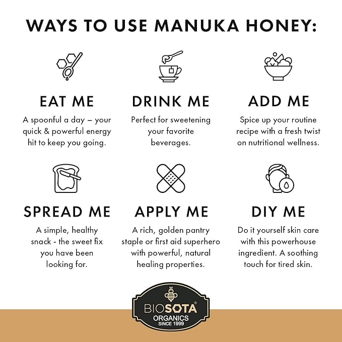 BIOSOTA Organic Manuka Honey MGO 550+ - Medical Grade Manuka Honey from Australia NPA/ULF 15+, 100% Raw Unheated Pure Honey, 8.8oz (550+) (MGO 550+)
