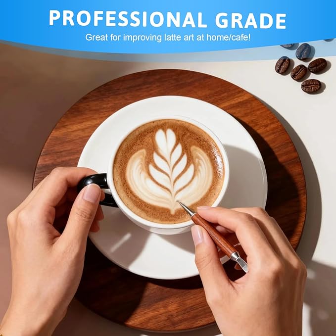 2 PC Latte Art Pen Set, Stainless Steel Coffee Drawing Tool with Wood Handle, Double - Ended Latte Art Pen for Barista, Home & Cafe Use to Create Intricate Coffee Designs