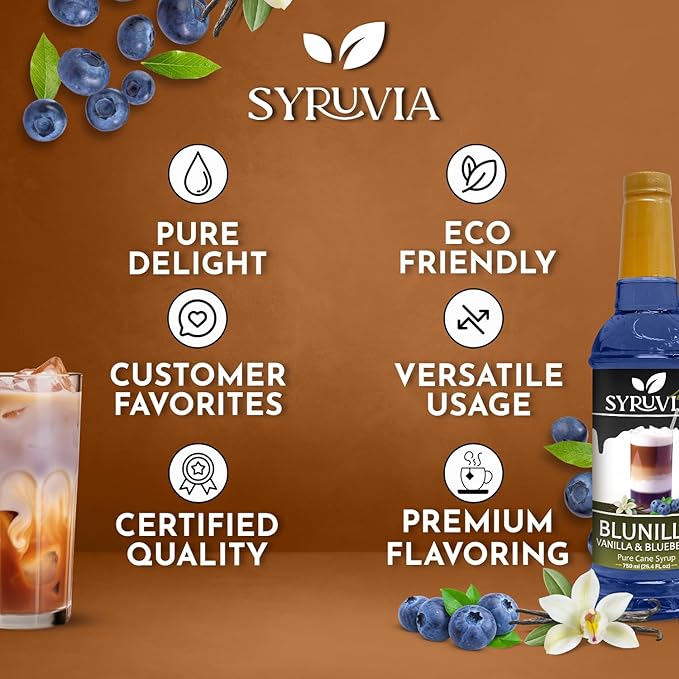 Syruvia Coffee Syrup, BLUNILLA Syrup, Vanilla Blueberry Flavored Syrup for Drinks, Lattes, and Desserts – 25.4 fl oz,