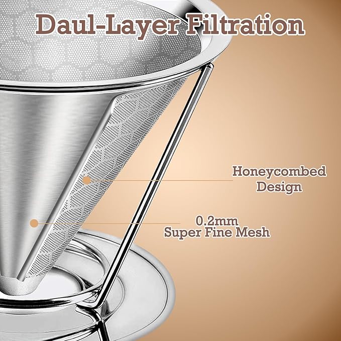 Pour Over Coffee Dripper, Paperless Pour Over Coffee Filter, Reusable Pour Over Coffee Maker Set, Dual-Layer Stainless Steel Cone Filter, Detachable Dripper Stand, Single Cup Brewer 1-4 Cup