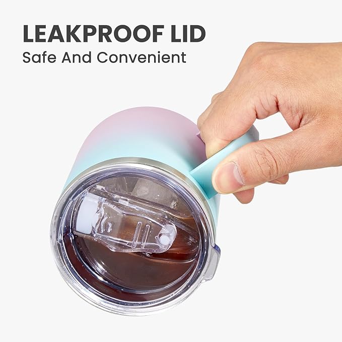 MEWAY 12oz Coffee Mug With Handle and Sliding Lid,Stainless Steel Travel Tumbler Cup with Handle,Double Wall Vacuum Insulated Camping Cup for Hot & Cold Drinks Tea (Bubble Gum,Set of 1)