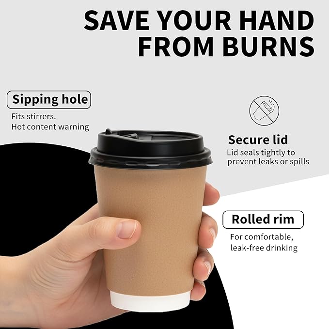 Disposable Coffee Paper Cups Of 12oz With lids, Double Wall Insulated Hot To go Cups With Lids, Hot Coffee Cups With Lids For Coffee Supplies, Daily Usage Or Any events