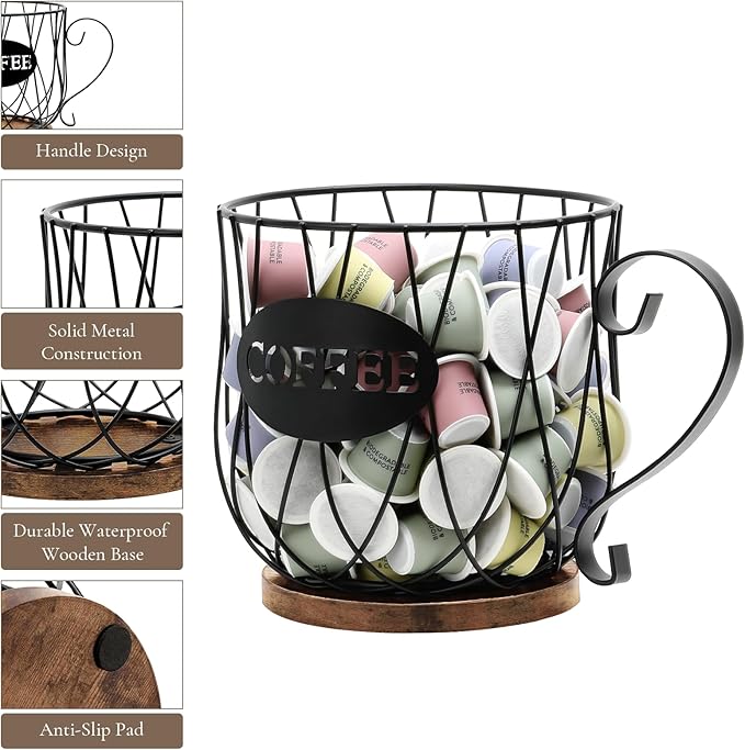Rustic Metal K-Cup Coffee Pod Holder Mug - Large Wire Basket with Wooden Base for Countertop Coffee Storage - Farmhouse Decor for Home & Office (Rustic Brown-Round)