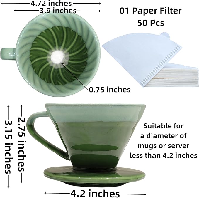 Ceramic Pour Over Coffee Dripper with 50 pcs V60 coffee filters - Portable Drip Coffee Brewer for Travel, Camping, Office or Home - Artisanal Pottery Gift for Enthusiasts