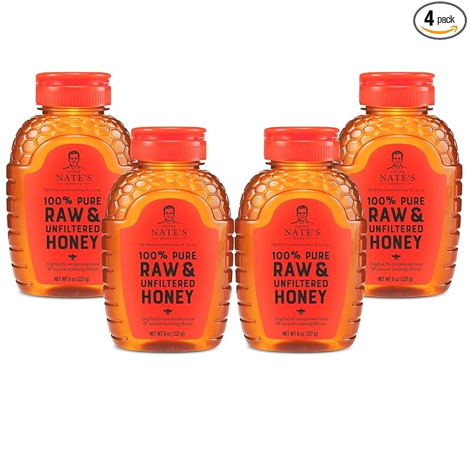 Nate's 100% Pure, Raw & Unfiltered Honey, Award-Winning Taste - Holiday Stocking Stuffer - 8 oz Squeeze Bottle (4 Pack)