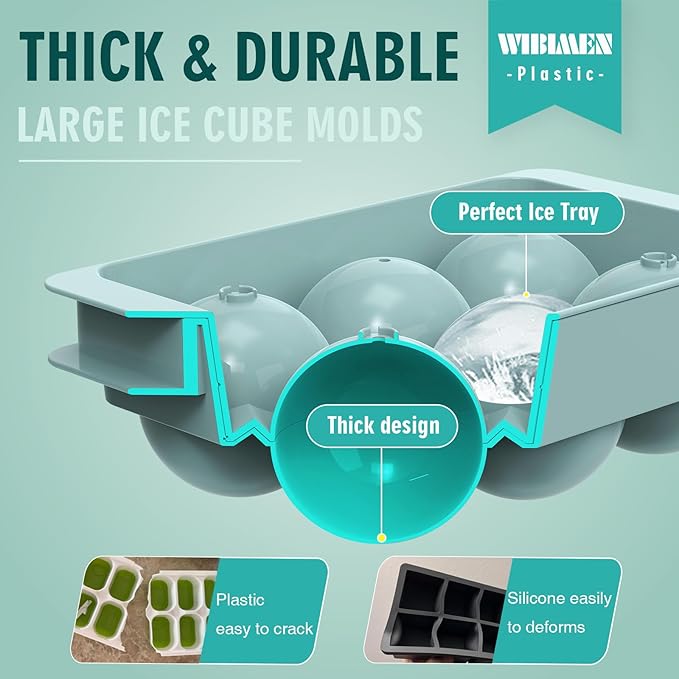 WIBIMEN Large Ice Cube Molds, Big Round Whiskey Ice Cube Trays for Freezer, Easy to Fill & Release, Whiskey Bourbon Cocktail(1.9In*6 Balls- Blue/2 Pack)