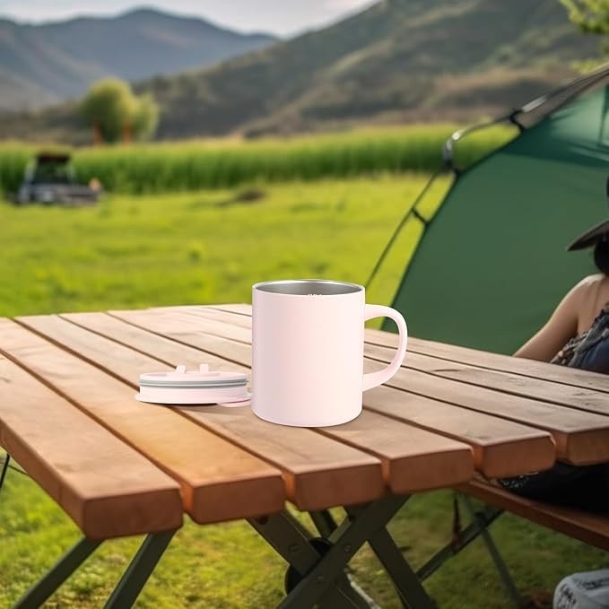 12oz Coffee Mug,Insulated Camping Mug with Lid,Double Wall Stainless Steel Travel Coffee Cup with Handle, Vacuum Reusable Coffee Tumbler Cup for Home, Office, Camping - Pink