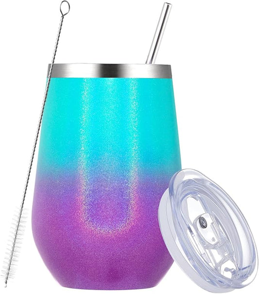 MEWAY Stemless 12oz Insulated Wine Tumbler with Lid and Straw - Double Wall Stainless Steel Thermal Cup for Hot and Cold Drinks, Travel wine glass, Bridal and Baby Shower Game Prizes(Glitter Aurora,1)