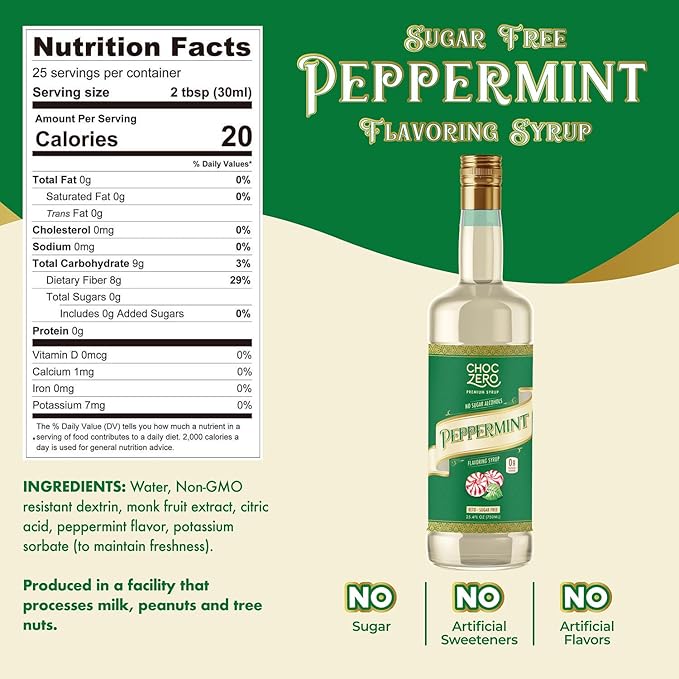 ChocZero Sugar Free Peppermint Syrup for Coffee - Keto Flavoring Syrups - Low Calorie Simple Syrup for Flavored Drinks – 25.4 Fluid Ounces