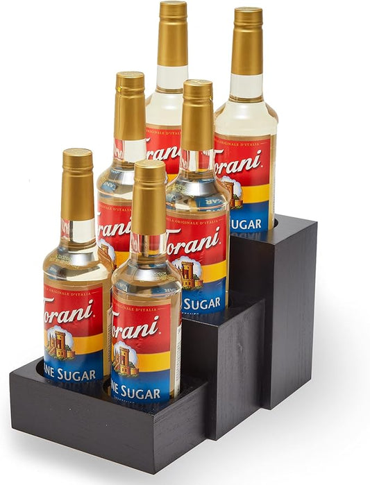 Black Wood Coffee Syrup Rack Organizer, 3 Tier Syrup Bottle Holder for Coffee Bar, 6 Bottles(750ml) Storage Stand for Syrup, Wine, Dressing for Kitchen Coffee Station(3 Separate Pieces)
