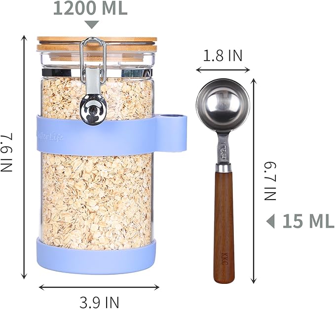 KKC Airtight Coffee Canister, Glass Coffee Bean Storage Contaienr with Silicon Scoop Holder, Non-Slip Silicon Coffee Storage Canister with Spoon for 1 lb Bean,40 Fluid-oz, Violets